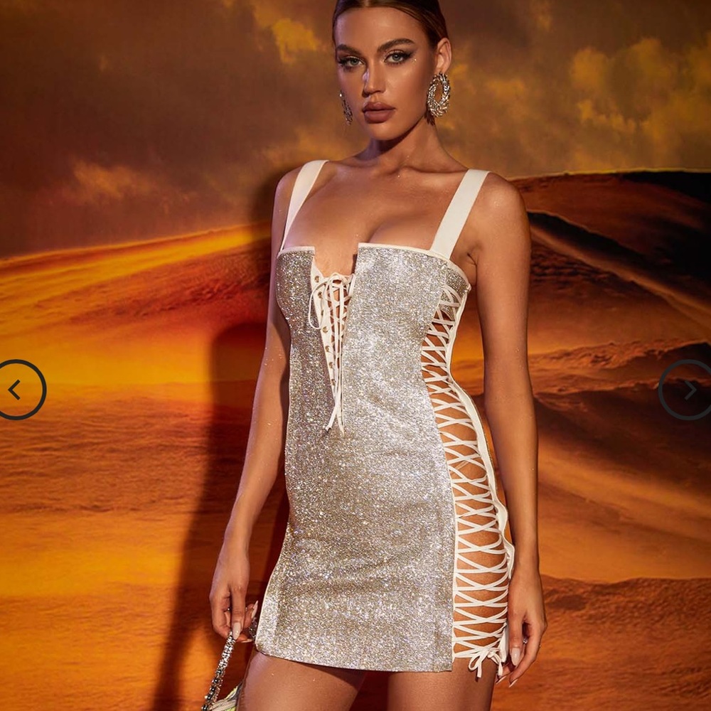NWT Mew Mews Abigail Lace Up Bandage Dress Silver